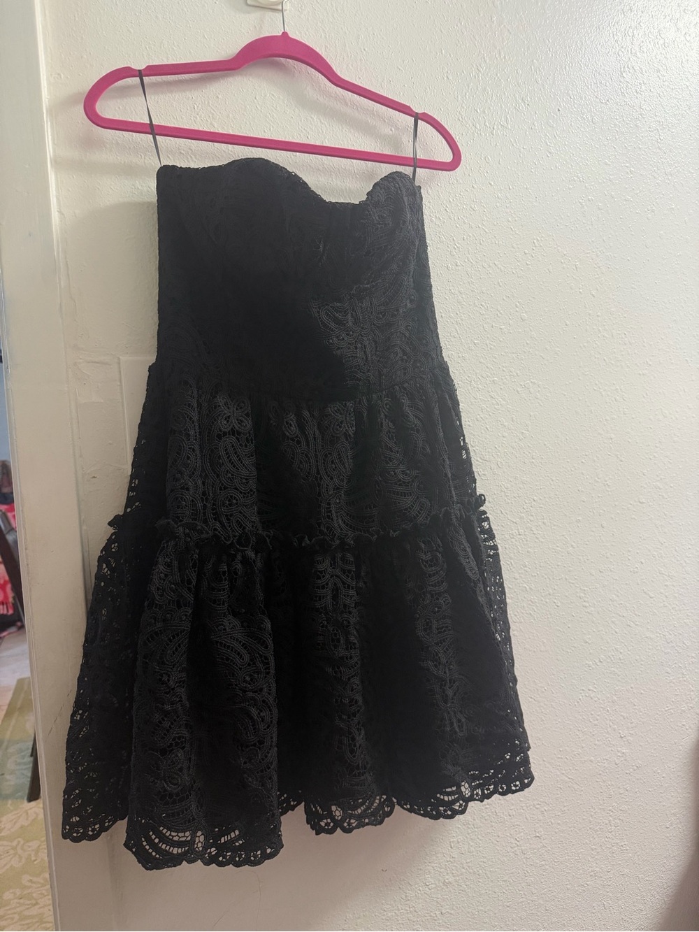 Anthropologie Black Strapless Lace Tiered Mini Dress